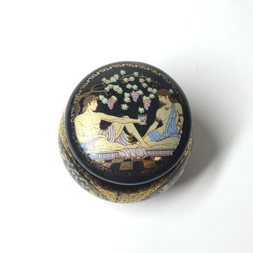Greek Trinket Box Perfume Pot Jar Vintage Ceramic Black Gold